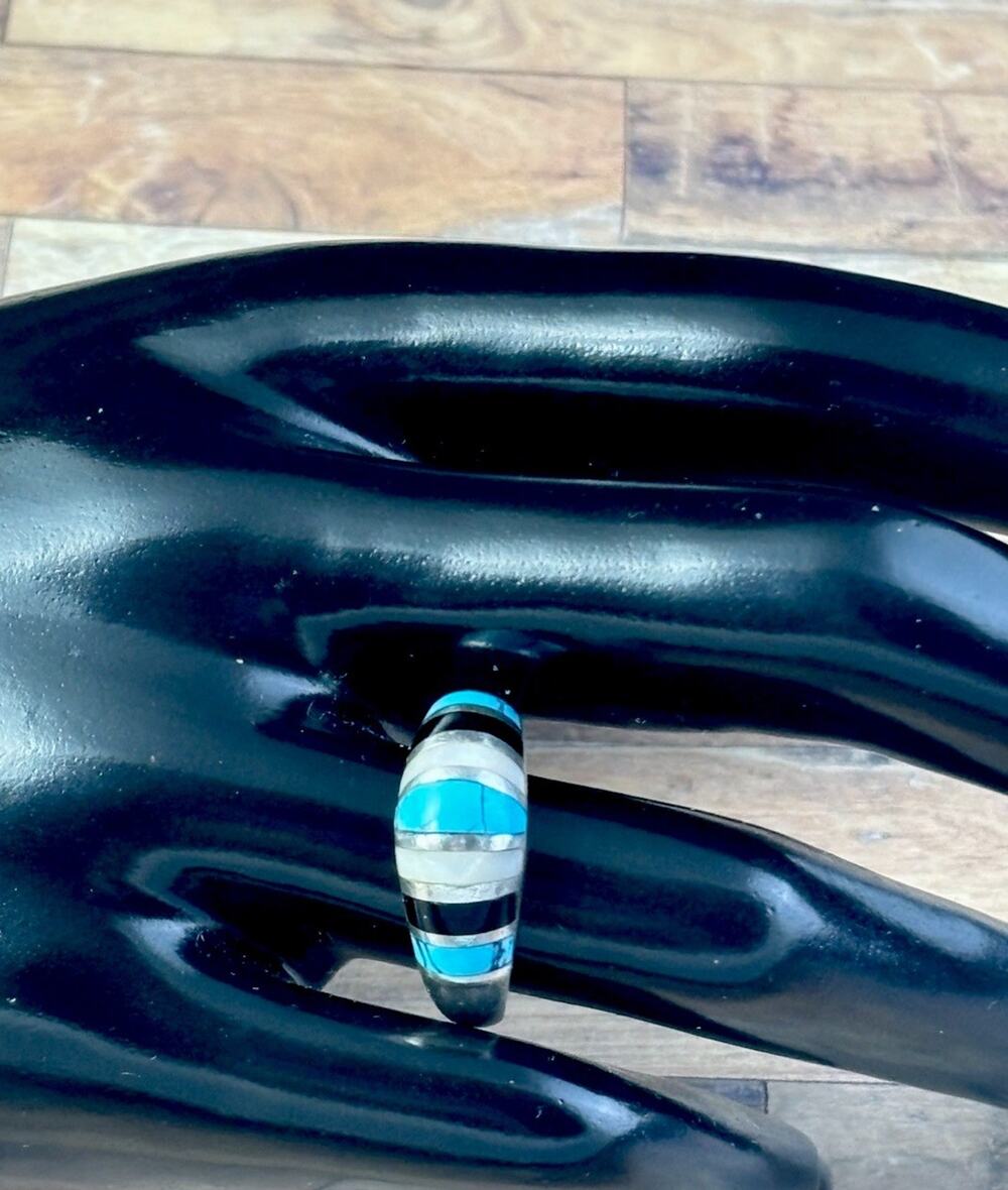 Lucas Lameth LUC Sterling Silver MOP/Turquoise/Onyx Inlay Ring Size 8.25-4Grams